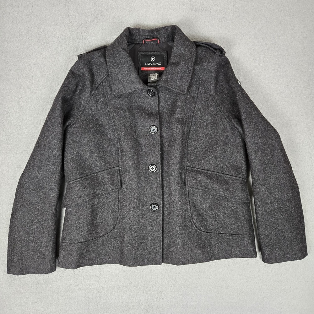 VICTORINOX Jacket Mens Large Gray Wool Pea Coat Swiss Army Button Up‎ Pockets